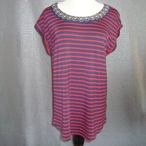 NWT Cupio Navy Blue & Red Striped Cap Sleeve Top with Beaded Neckline sz L